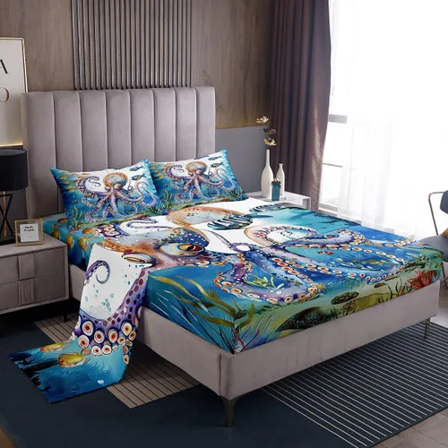 Vista 18 de Erosebridal Juego de sábanas de ballena náutica, tamaño individual, juego de ropa de cama vintage azul con ondas oceánicas para niños y niñas