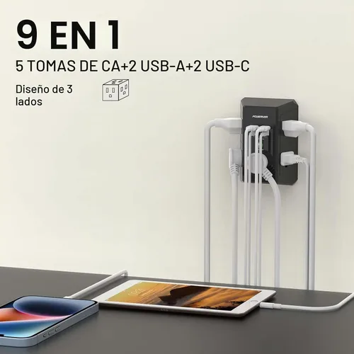 Vista 2 de POWERIVER - Extensor de sobretensiones multitoma de corriente con 5 salidas de CA y 4 puertos USB (2 USB C), 1,680 julios, divisor de salida