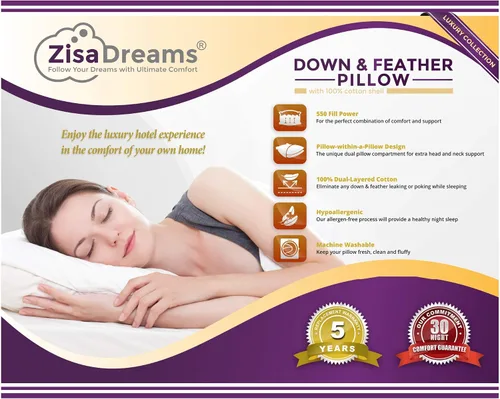 Vista 2 de Luxury Collection - Almohada de plumón y plumas, hipoalergénica, extra alta para un mejor soporte para la cabeza y el cuello, 100% algodón de doble