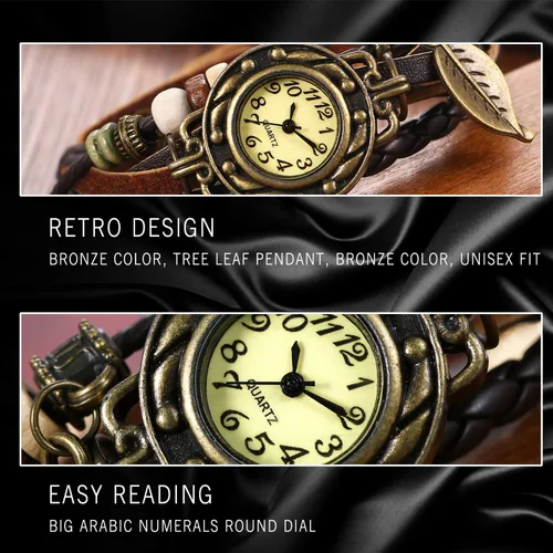 Vista 4 de Avaner Reloj de pulsera de cuero vintage hecho a mano con diseño de hoja de árbol para mujer
