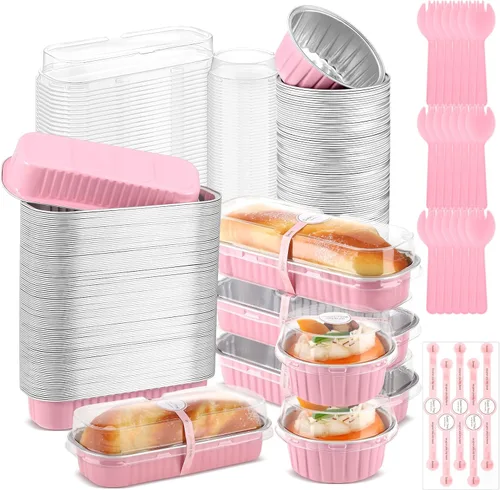 Vista 8 de Suclain 600 piezas de mini moldes para pan negros y dorados con tapas y cucharas, calcomanías de sellado de 6.8 onzas, papel de aluminio desechable