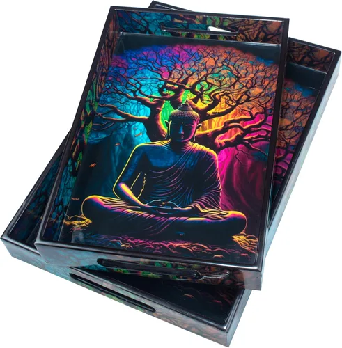 Vista 8 de Crocon Juego de 2 bandejas rectangulares decorativas con estampado esmaltado de Buda, color negro
