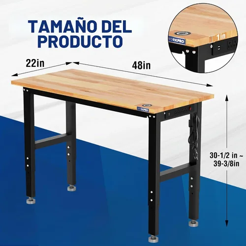 Vista 5 de WORKPRO Banco de trabajo de garaje ajustable, escritorio de trabajo resistente con parte superior de madera de goma de 48 x 22 pulgadas, con tomas