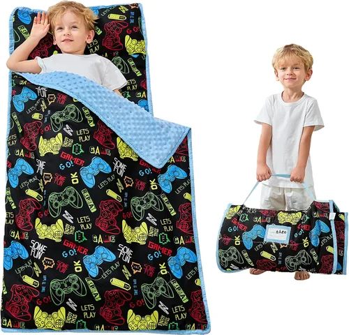 Vista 11 de Lasoftan Tapete para siesta para niños con almohada y manta, tapetes enrollados extra grandes para siestas, bolsas de dormir para niños y niñas