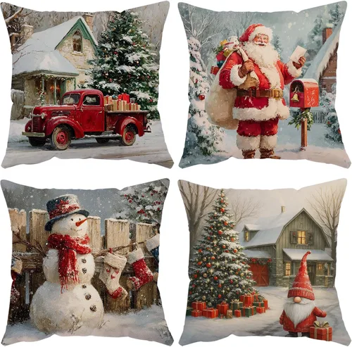 Vista 9 de Fundas de Almohada Feliz Navidad 12x12 Juego de 4 Fundas de Almohada de Terciopelo de Navidad Rosa Navidad Invierno Vacaciones Fundas de Almohada