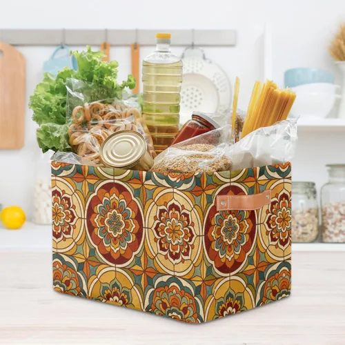 Vista 6 de Cesta de almacenamiento con diseño étnico bohemio y floral de mandala grande, caja de almacenamiento plegable para juguetes, organizador de ropa