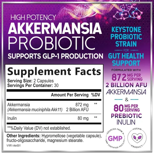 Vista 2 de Akkermansia Probiótico – 2 mil millones de AFU por porción – La mejor cepa para soporte de producción de GLP-1 con fibra prebiótica para la salud