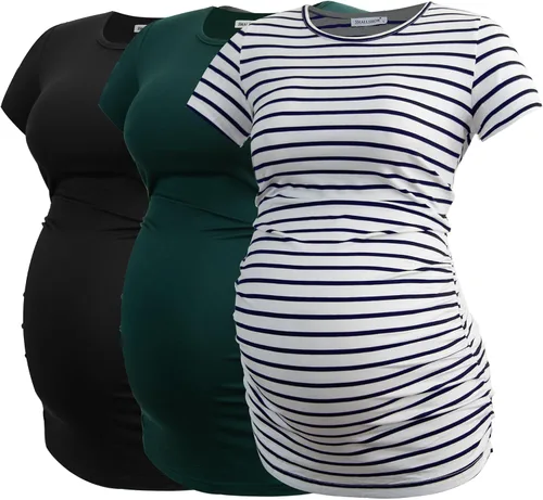 Vista 14 de Smallshow - Camiseta de maternidad para mujer, lados fruncidos, tipo túnica, prendas para el embarazo Verde militar-negro-gris profundo