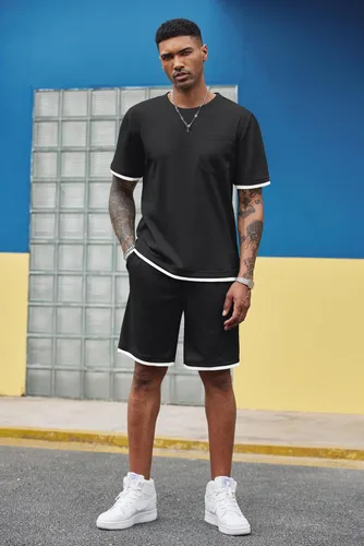 Vista 4 de COOFANDY Conjunto de camisa y pantalones cortos de gofre para hombre, conjunto de 2 piezas, conjunto casual de verano con bolsillos