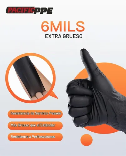 Vista 3 de PACIFIC PPE Guantes desechables de nitrilo negro resistentes de 6 mil, resistentes a productos químicos, seguros para alimentos, sin látex