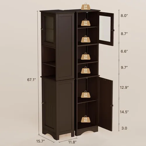 Vista 3 de Gizoon - Armario de almacenamiento alto para baño con estantes ajustables Marrón oscuro