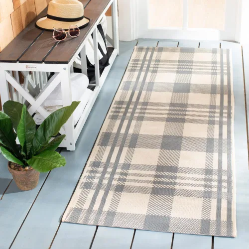 Vista 111 de SAFAVIEH Alfombra Lavable para Exteriores Colección Courtyard - 2'3" x 4', Beige y Azul, Patrón a Cuadros, No Desprende Pelusa y Fácil Limpieza