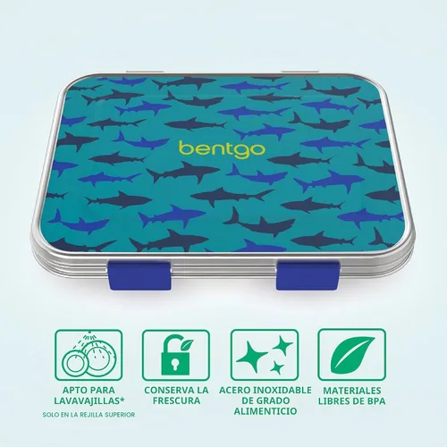 Vista 3 de Bentgo Kids Prints - Lonchera de acero inoxidable con 3 compartimentos Tiburón