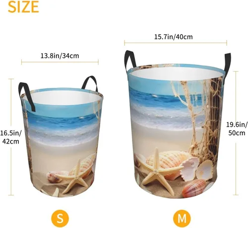 Vista 5 de Cesta circular impermeable con estampado de estrellas de mar y conchas marinas, cesta organizadora de ropa sucia con asas para ropa, juguetes