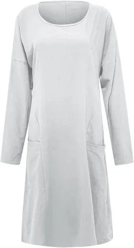 Vista 4 de Vestidos de otoño para mujer 2022 de algodón lino holgado casual de color liso con bolsillo vestido de manga larga