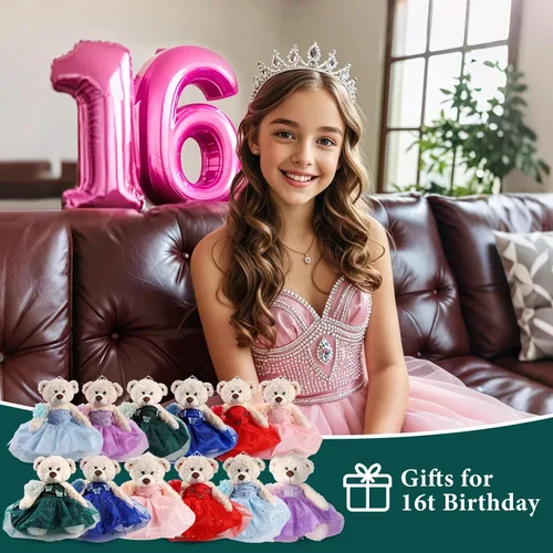 Vista 7 de Muñeca de quinceañera con vestido de membrillo con vestido, decoraciones de quinceañera para regalos de niñas, OSO de peluche para 15 años