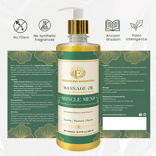 Vista 5 de Muscle Mend Aceite de masaje de recuperación muscular con árnica, ashwagandha y aceites esenciales, calmante, no grasoso, de absorción rápida, uso