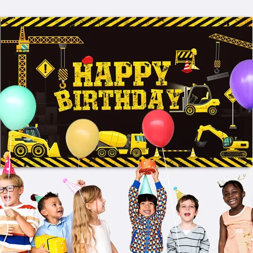 Vista 6 de Tatuo Cartel de cumpleaños con temática de construcción, 6.1 x 3.6 pies, suministros de fotografía, fiestas, camión volquete, decoración de fiesta