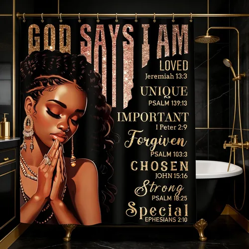 Vista 8 de Cortina de ducha inspiradora afroamericana de 60 pulgadas de ancho por 71 pulgadas de alto, con citas motivacionales positivas de la Biblia, tela