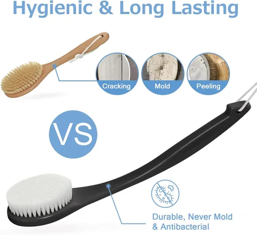 Vista 4 de Cepillo de espalda de mango largo para ducha, depurador de cerdas suaves para la ducha, ergonómico curvado de mango largo, cepillo de baño