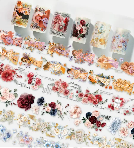 Vista 9 de Juego de 12 Rollos de Cinta Washi Floral de PET y Pegatinas de PET – Fácil de Usar para Journaling y Elaboración de Tarjetas, Ideal