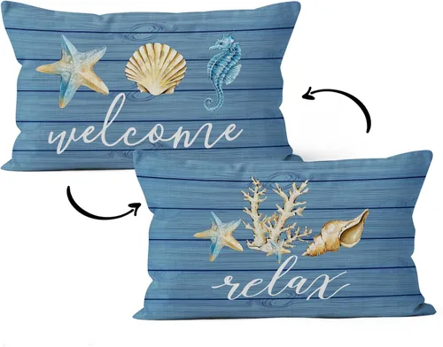 Vista 10 de HIWX Fundas de almohada costeras, fundas de almohada costeras, fundas de almohada decorativas de playa náutica, almohadas náuticas, decoración Blue1