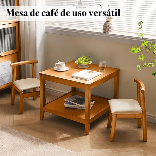 Vista 9 de Mesa auxiliar, mesa auxiliar cuadrada de madera maciza con estante de almacenamiento, mesa auxiliar de 2 niveles para sala de estar, mesa de sofá