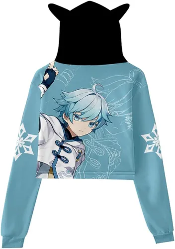 Vista 2 de Pure Pang Genshin Impact - Sudadera corta con capucha y orejas de gato de manga larga para cosplay