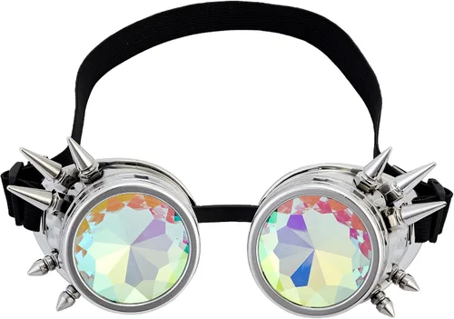 Vista 43 de Gafas de caleidoscopio retro con pinchos, gafas de cristal arcoíris steampunk estilo soldadura, gafas de cosplay punk