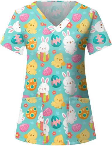 Vista 3 de Camisetas de uniforme de trabajo de Pascua para mujer, cuello en V, estampado divertido, camisetas básicas para mujer