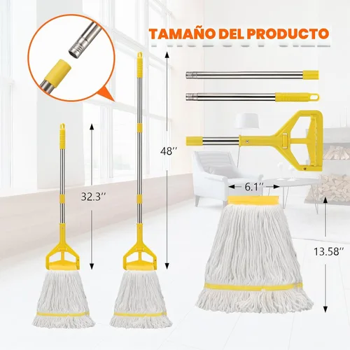 Vista 3 de Trapeador húmedo industrial resistente con mango largo de 48 pulgadas, mopas comerciales húmedas de algodón para limpieza de pisos, hogar, cocina