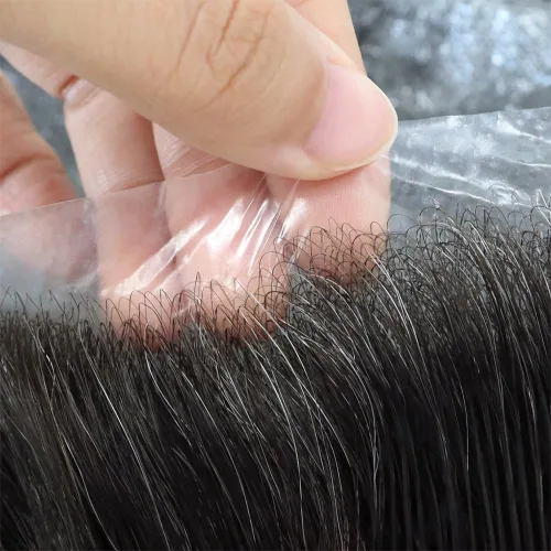 Vista 13 de HAIR NATURE Toupee para hombres, sistemas de reemplazo de cabello humano, 0.001 in piel ultra fina V-looped Jet Black piezas de cabello 8x10#1