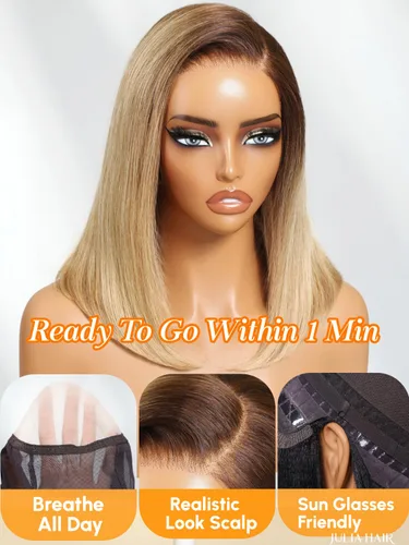 Vista 4 de Julia Hair - Peluca BOB sin nudos de 30 cm con cierre de encaje HD de 7x5, rubio con raíces marrones, corte recto y desflecado, prearrancada, nudos