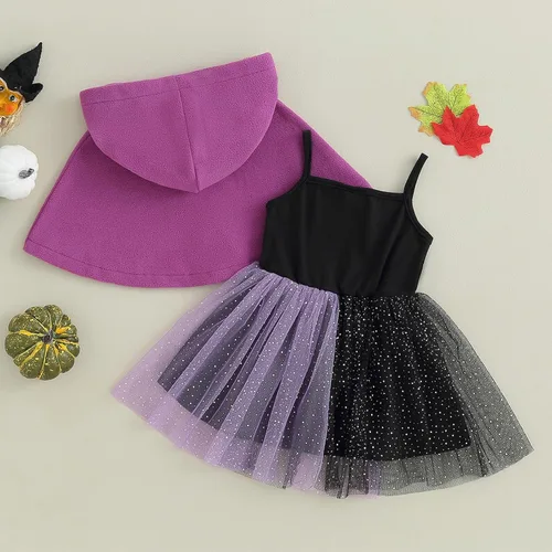 Vista 3 de vchoohce Traje de Halloween para bebé niña pequeña, sin mangas, tutú enterizo, vestido con capucha, abrigo para disfraz de Halloween