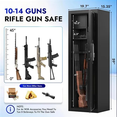 Vista 2 de Caja fuerte para armas, caja fuerte biométrica 10-14 para rifles y pistolas, cajas fuertes grandes para armas para el hogar, gabinetes de armas