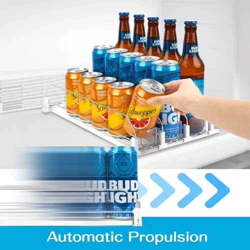 Vista 4 de Dispensador de latas de soda para refrigerador, estante de autoempuje de 3 filas, se adapta a hasta 15 latas, estante de almacenamiento de bebidas