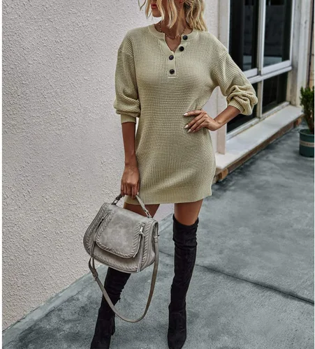 Vista 7 de Olinase Vestido tipo suéter con cuello en V para mujer, manga larga, acanalado, vestido ajustado