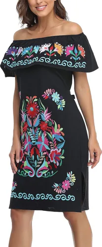 Vista 6 de YZXDORWJ Vestido bordado mexicano sin mangas con cuello de volantes para mujer