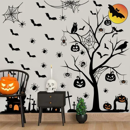 Vista 2 de Calcomanías de pared de Halloween, murciélagos altos para decoración del hogar, arte extraíble para ventanas, suministros de fiesta