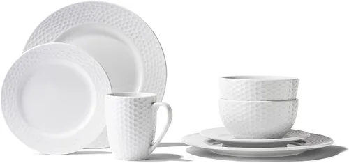 Vista 4 de Elle Décor Maeve - Juego de vajilla redonda de porcelana de 16 piezas con 4 platos llanos, 4 platos de ensalada, 4 cuencos y 4 tazas, idea de regalo