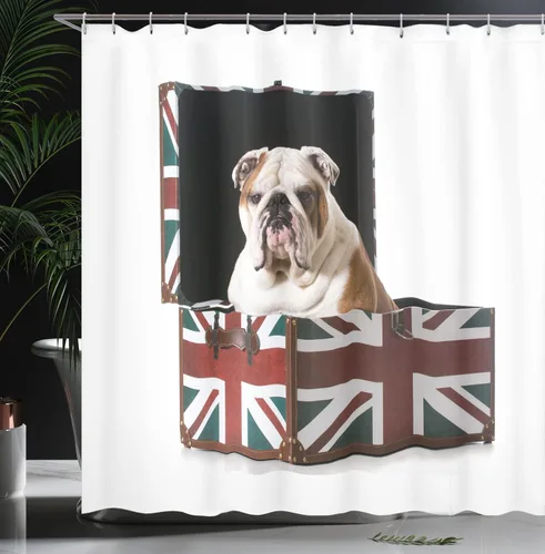 Vista 3 de Ambesonne Cortina de ducha de Bulldog Inglés, Bulldog sentado en Union Jack Britain, diseño patriótico, juego de decoración de baño de tela