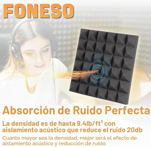 Vista 6 de Foneso - Paquete de 12 paneles de espuma a prueba de sonido para paredes, paneles de espuma acústica de 12 x 12 x 2 pulgadas con acolchado