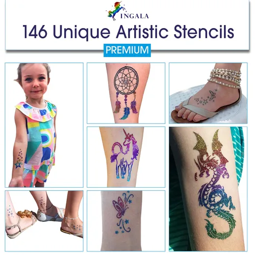 Vista 3 de INGALA Juego de tatuajes artísticos con purpurina de alta calidad, 146 diseños únicos para niños, adolescentes y adultos. Adecuado para henna