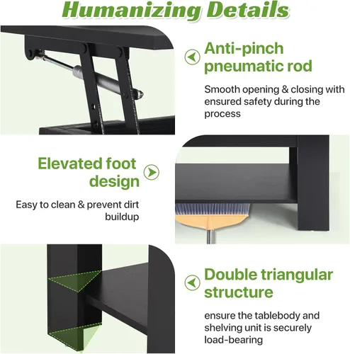 Vista 7 de Mesa de centro elevable con almacenamiento oculto, diseño moderno de elevación de 39.4 pulgadas, escritorio convertible de comedor y portátil
