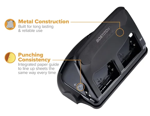 Vista 5 de Bostitch EZ Squeeze - Perforadora resistente de 3 agujeros, capacidad de 40 Negro