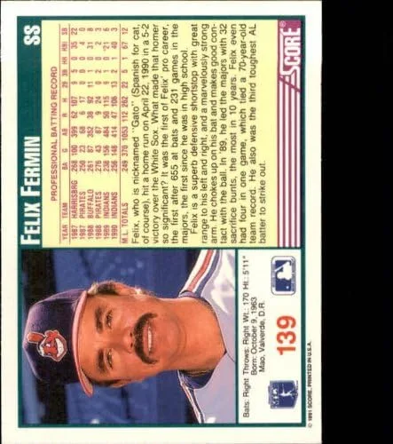 Vista 2 de 1991 Score Baseball Card #139 Felix Fermin