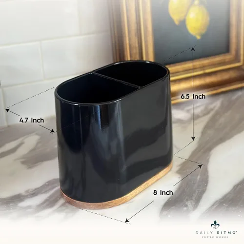 Vista 6 de DAILY RITMO® Soporte para utensilios ovalado grande negro con base de bambú y divisor