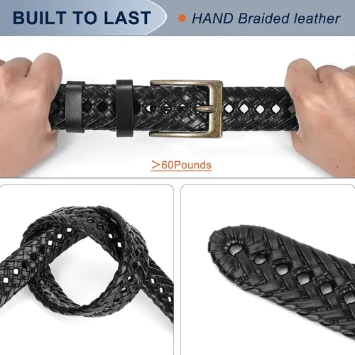Vista 4 de Cinturón de cuero trenzado para hombre, jeans casuales, golf, hebilla de aleación tejida de cuero para hombre, cinturones trenzados a mano, regalo