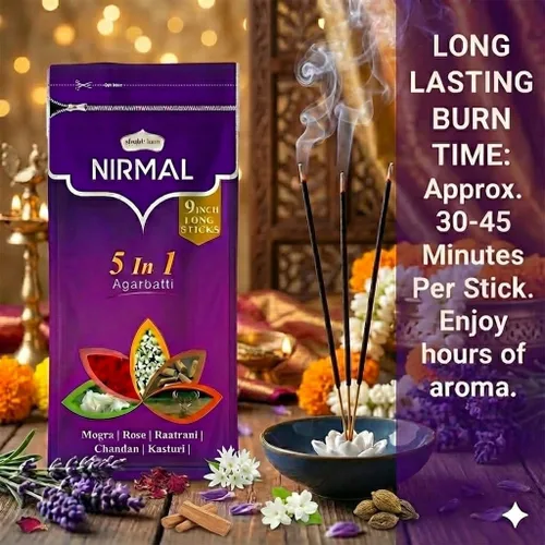 Vista 4 de Shubhkart Nirmal - Varitas de incienso aromático 5 en 1, paquete de 2 (200 varitas en total). Mezclas surtidas: rosa, mogra, sándalo, jazmín