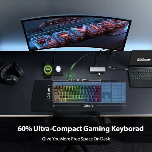 Vista 5 de RK ROYAL KLUDGE RK61 Teclado mecánico para juegos con cable al 60% programable QMK/VIA RGB retroiluminado 61 teclas Ultra-compacto interruptor rojo